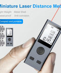 Pocket Size Laser Distance Meter 164 Ft Range USB Rechargeable Pythagorean Mode held in hand displaying measurements.