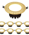 Top Shelf 9 Piece LED Recessed Downlights Featuring Round Brass Baffle Trims And Solid Copper Panels, elegant brass trim design.