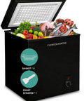 Hella Spacious 7.0 Cu.Ft Chest Freezer In Bold Black Features seafood and vegetables, showing two baskets and a frost scraper.