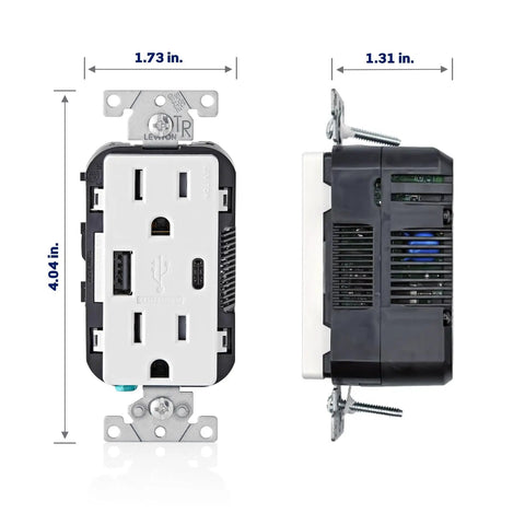 Type A And Type C USB In Wall Charger with 15A Tamper Resistant Outlet front and side view, brown finish for home and office.