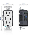 Front and side view of In Wall USB Charger With Type A And Type C Ports 20A Tamper Resistant Outlet, white, with dimensions.