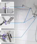 Image of 10 Inch Rainfall Shower Head With Handheld Spray Combo In All Metal Chrome 3 Way Diverter Adjustable Extension Arm With Lock Joints 59 Inch Stainless Steel Hose Easy Install showing shower head, diverter, and lock joints.