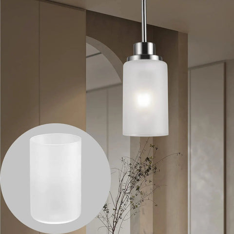4 Pack White Frosted Glass Shade Replacements for Chandelier Pendant and Wall Sconce Lighting, 5.9 Inch Tall, 3.9 Inch Diameter, 1.65 Inch Top Fitter, Cylinder Glass Globes for Most Light Fixtures shown in use on pendant light.