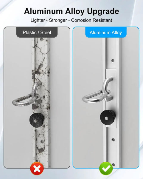 Adjustable Resistance Band Wall Anchor System With Dual 40 Inch Aluminum Rails And Sliding Mounts comparing steel to aluminum.