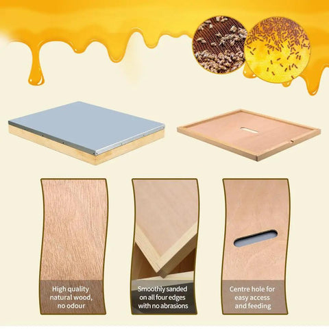 All In One 10 Frame Beehive Parts Kit with top cover and inner cover details showing high-quality wood and sanding