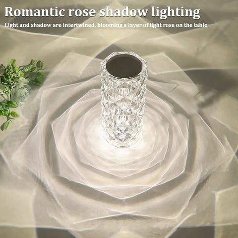 Crystal Diamond Night Light Lamp With 16 RGB Colors And 4 Modes creating romantic rose shadows on a flat surface