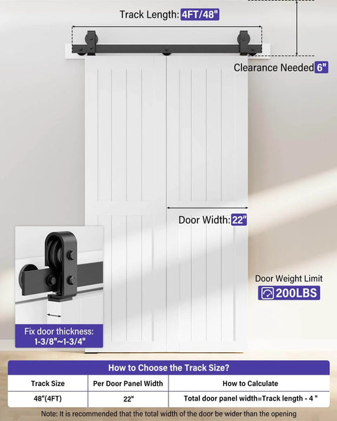 Durable 48 Inch Bifold Barn Door Hardware Kit For 44 Inch Closet Doors Easy Install And Quiet Operation Bi Fold Track System With J Shape Top Mount Rollers Black Powder Coated Steel For Smooth Reliable Sliding And Modern Look, featuring a 48-inch track and 200 lb capacity.