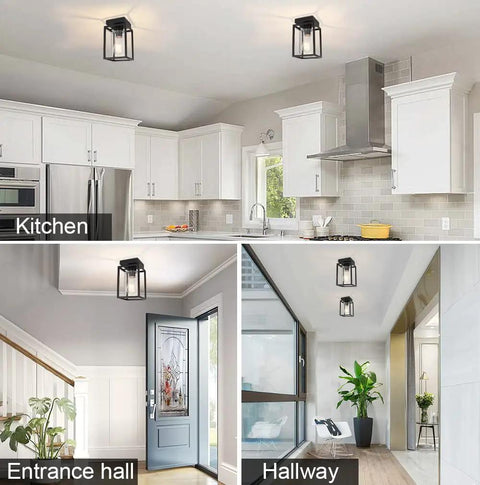 Matte Black Semi Flush Mount Ceiling Light Fixture With Clear Glass Shade Farmhouse Style Ceiling Lighting For Kitchen Hallway Porch Entryway Dining Room And Foyer E26 Bulb Socket Compatible And Easy To Install in various room settings
