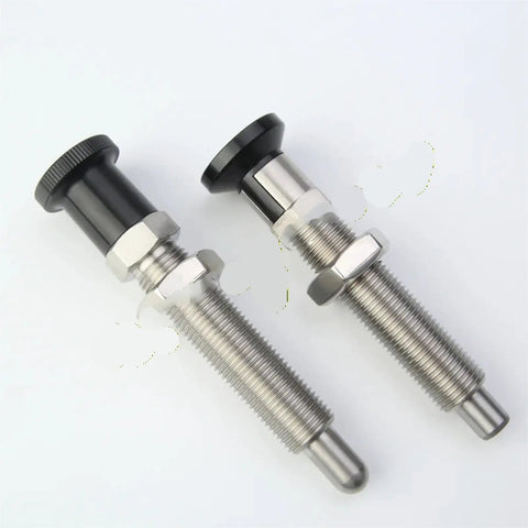 Dead Nuts Accurate M16 Stainless Steel Indexing Plunger Bolt With Nut To Deck Out Jigs And Fixtures Rock Solid Retractable Self Locking Hardware For Cnc Woodworking Assembly Work, showing two bolts.