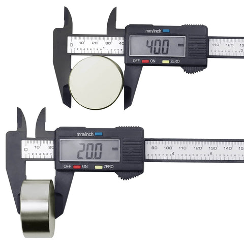 Front view of FINDMAG 40 x 20 mm neodymium magnet disc being measured with a digital caliper
