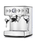 Automatic Espresso Coffee Machine With 19 Bar Pressure Stainless Steel Body Removable Water Tank And Professional Milk Frother Wand in silver.