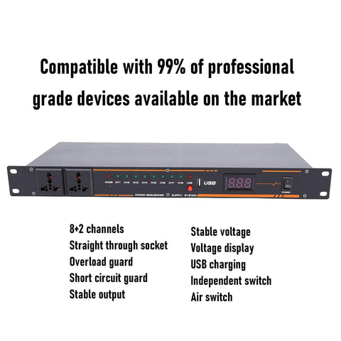 Heavy Duty 10 Outlet Power Sequencer Conditioner With Bright Digital Display showing multiple outlets, USB, and voltage display.