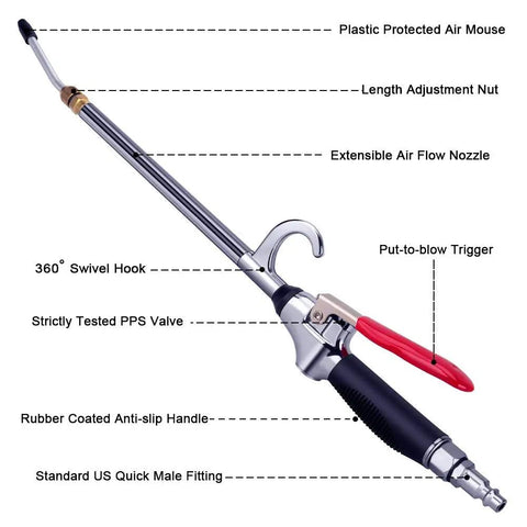 High Volume Air Blow Gun With Extendable Nozzle Up To 26 Inches, All Metal Construction Heavy Duty Pneumatic Blower Tool With Anti Slip Rubber Grip