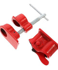 Built Tough Woodworking Pipe Clamp Set Half Inch Quick Release Cast Iron Clamps 2 Piece Kit, close-up view of red cast iron clamp components.