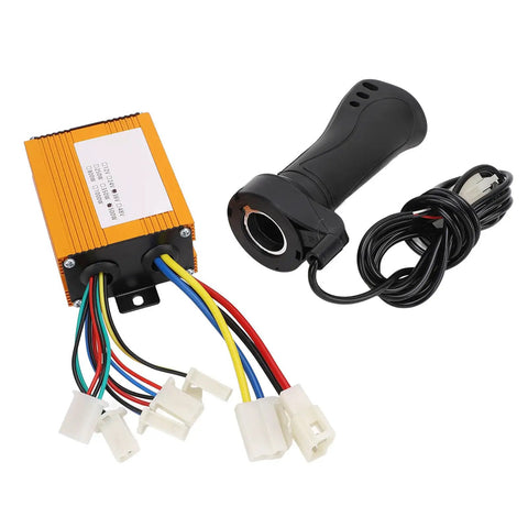 36V 500W Brushed Electric Bike Controller With Throttle Grip Kit showing heat dissipation aluminum alloy construction and wiring