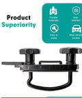Roof Box U-Bolt Clamp Set For Roof Rack, black metal construction with lock nuts, displayed with durability icons.