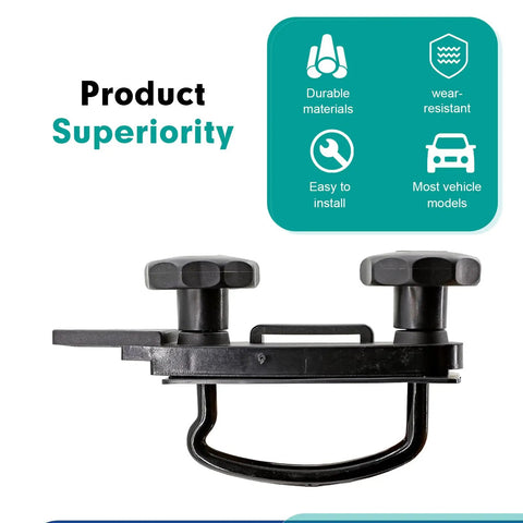 Roof Box U-Bolt Clamp Set For Roof Rack, black metal construction with lock nuts, displayed with durability icons.