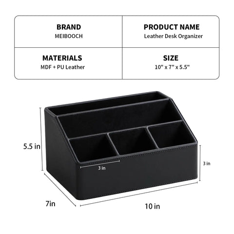 Straight Up Sturdy PU Leather Desk Organizer With Five Compartments Sleek Black Design, 10x7x5.5 inches, MDF and PU leather.