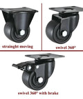 Heavy Duty Nylon Wheel Caster For Furniture And Equipment Swivel Stem Casters With Brake, shown straight, swivel, and braked.