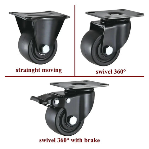 Heavy Duty Nylon Wheel Caster For Furniture And Equipment Swivel Stem Casters With Brake, shown straight, swivel, and braked.