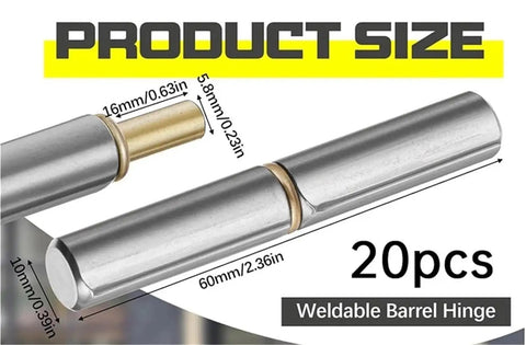 Close-up of a heavy-duty weldable barrel hinge, 60mm length, part of a pack of twenty for gates and doors that lock solid.