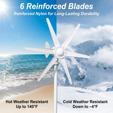800W Horizontal Wind Turbine Generator With 12V 24V Output, 6 Nylon Blades, Built In Controller, installed outdoors.