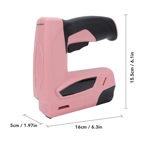 Badass Cordless Electric Staple Gun Featuring Plug And Play Battery Setup Ergonomic Brad Nailer in pink with black grip, 16cm size.