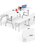 Six Foot Folding Table With Two Benches, Portable Indoor Outdoor Party Table Set For Picnics, Weddings, Meetings, Camping Or Events