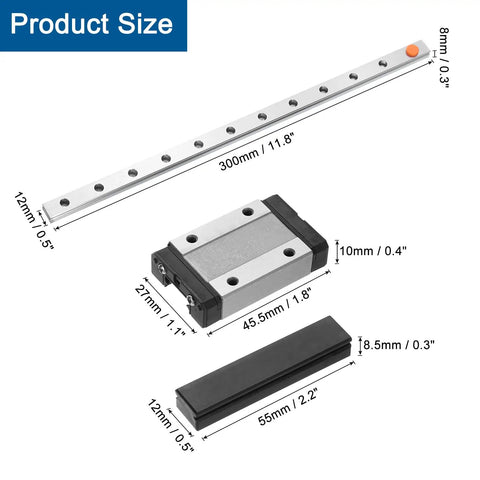 MGN12 300mm Linear Guide Rail Kit With MGN12H Carriage Block And Plastic Mini Guide For DIY 3D Printers And CNC Machines Beefy Rock Solid 12mm Rail With Smooth Precise Motion And Easy Install shown in parts with dimensions
