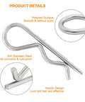 Close-up of 304 stainless steel hairpin fastener from 12Pcs 304 Stainless Steel M3 X 65 And M8 Clevis And Hitch Pin Assortment Kit with descriptions.