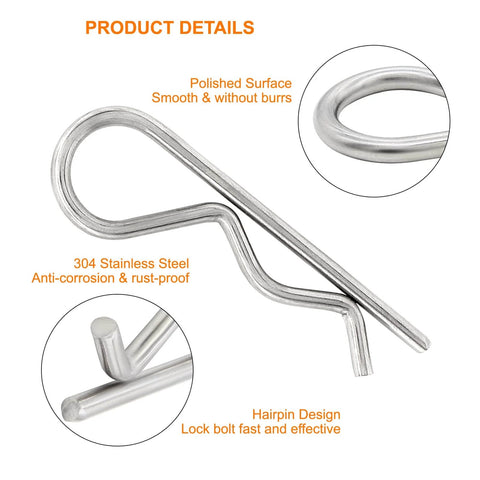 Close-up of 304 stainless steel hairpin fastener from 12Pcs 304 Stainless Steel M3 X 65 And M8 Clevis And Hitch Pin Assortment Kit with descriptions.