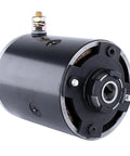 Front view: 12V hydraulic pump motor for RV levelers; black cylindrical housing with CCW slotted shaft