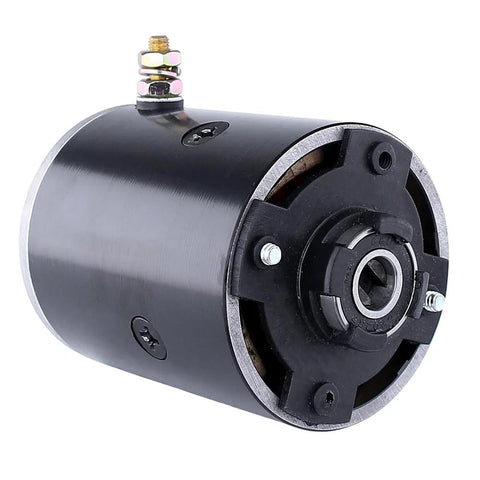 Front view: 12V hydraulic pump motor for RV levelers; black cylindrical housing with CCW slotted shaft