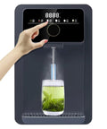 Person using wall mounted water dispenser with electronic lock and dual temperature control for office, showing instant hot water.