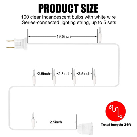 Diagram of Ultra Bright Clear Mini Christmas Tree Lights 21.45Ft 100 Bulbs On White Cord For Indoor Outdoor Decor, wire layout shown.