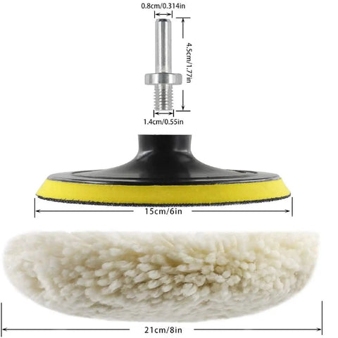 Six Inch Buffing Polishing Pad Kit With Wool Pads And M14 Drill Adapter detail with dimensions shown