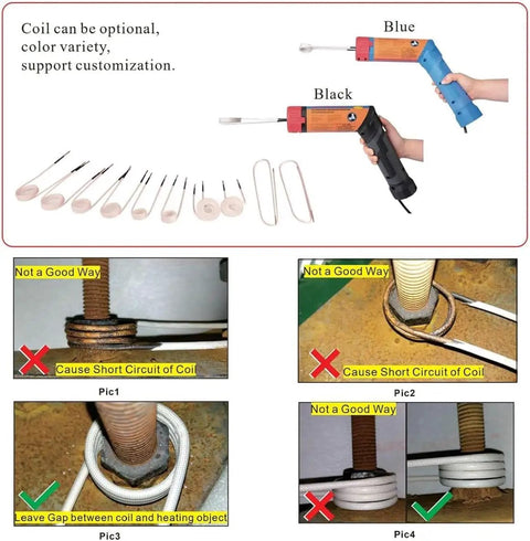 Hella Powerful 1100W Magnetic Induction Heater Kit showing blue and black handheld tools with various coils and safety usage instructions.