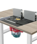 Pro Router Lift Table System Featuring A Heavy Duty Smooth Insert designed for quick setup on a wooden workbench.