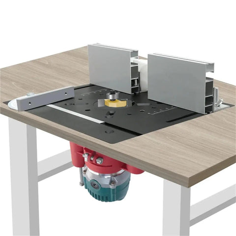 Pro Router Lift Table System Featuring A Heavy Duty Smooth Insert designed for quick setup on a wooden workbench.