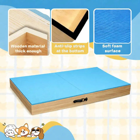 Connectable Wooden Dog Training Boards Set Two Piece Platform with non slip bright blue top showing wood, anti-slip, and foam features.