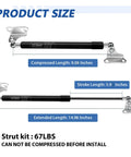 Two Pack 15 Inch Gas Struts Lift Supports 67 Lb 300 N dimensions with compressed and extended lengths