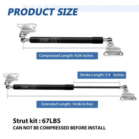 Two Pack 15 Inch Gas Struts Lift Supports 67 Lb 300 N dimensions with compressed and extended lengths