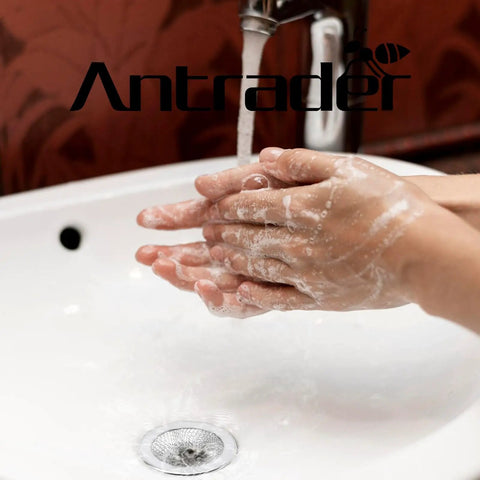 Hands washing with soap over a sink featuring Heavy Duty Stainless Steel Kitchen Sink Strainers, 2 Inch Round Drain Filters For Bathrooms.
