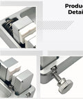 Close-up of Solid Aluminum Soldering Wire Fixture With Ceramic Jaws And 4-Position Circuit Board Mounting Clamp showing jaws and adjustment screw.