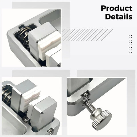 Close-up of Solid Aluminum Soldering Wire Fixture With Ceramic Jaws And 4-Position Circuit Board Mounting Clamp showing jaws and adjustment screw.
