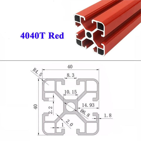 Heavy Duty Anodized Red 40 X 40mm T-Slot Aluminum Extrusion Profile with dimensions for CNC machines and 3D printers.
