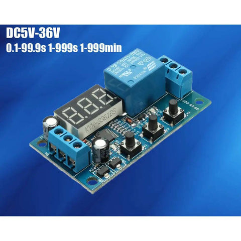 Dc 12V Time Delay Relay Module With Led Display Digital Timer For Automation And Plc Control Plug And Play Zero Point One Sec To Nine Hundred Ninety Nine Min Adjustable Anti Interference Isolation Input Output Industrial Grade on blue background