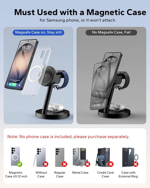Samsung 3 In 1 Magnetic Wireless Charging Station Stand for Galaxy Phone showing MagSafe case required for stability.