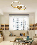 Modern LED Ceiling Light Flush Mount 106W With Six Ring Circle Design, gold acrylic chandelier in bright living room.