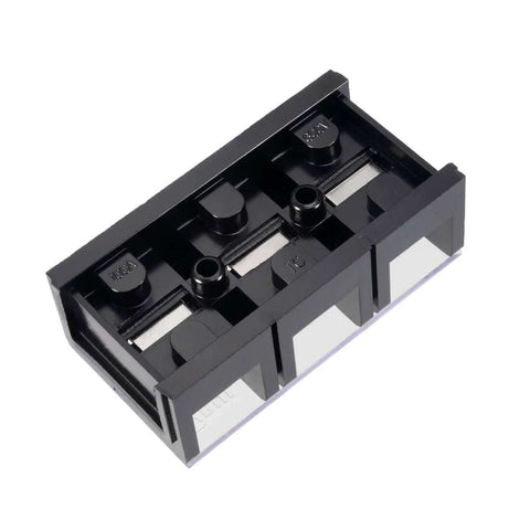Dual Row 3 Position Wire Barrier Block Terminal Strip 600V 100A with removable clear insulating cover, top view of block terminals
